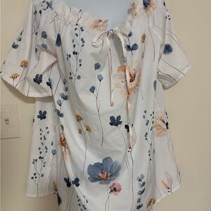 Floral Tie-Neck Peasant Top - White with Blue & Peach Flowers